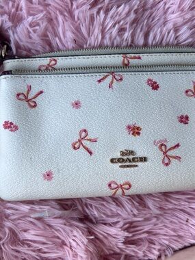 Coach White Wristlet with Pink and Coral Bow Print